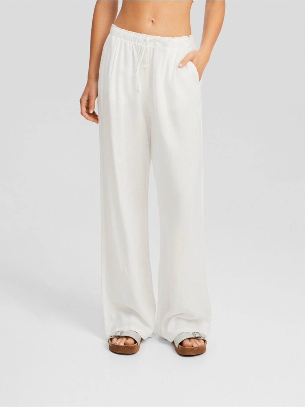 Bershka Wide Leg Linen Pants with Gathered Tie Waist